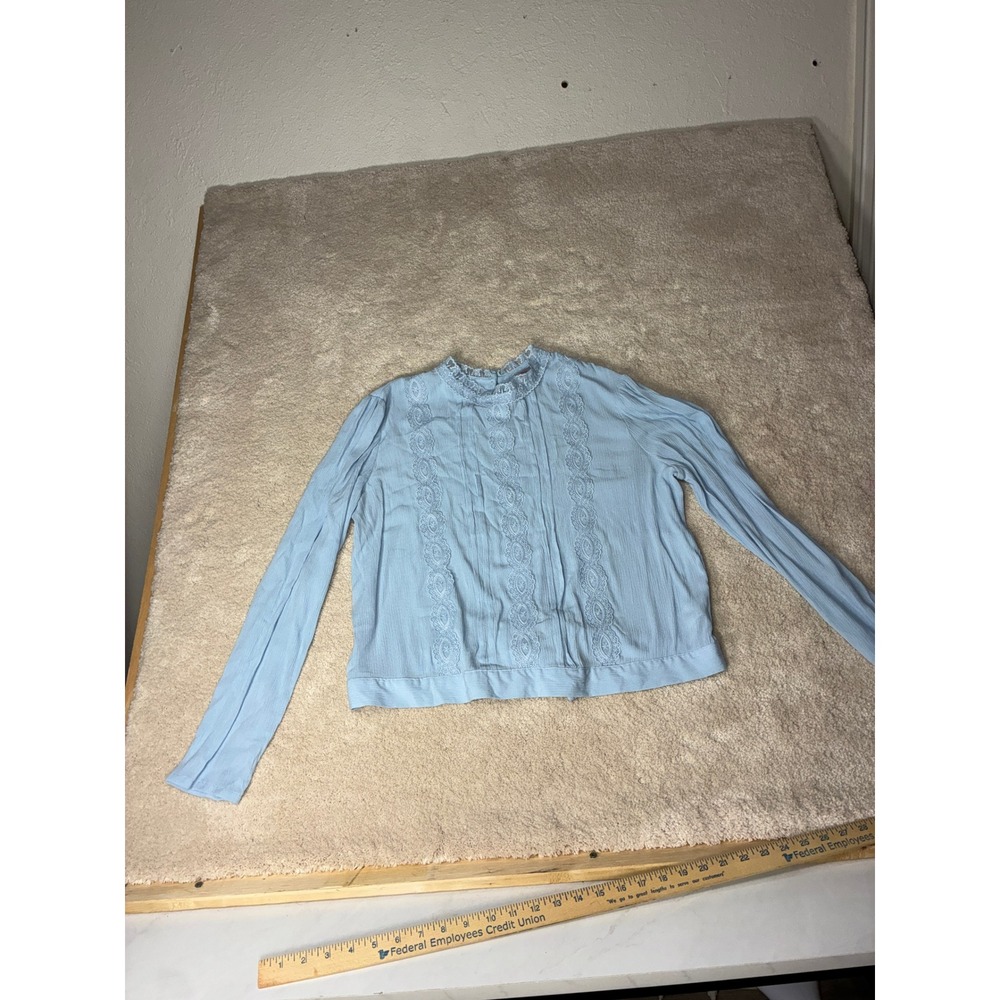 No Brand Light Blue Lace Trim Blouse - L - Boho Cottagecore Victorian Romantic